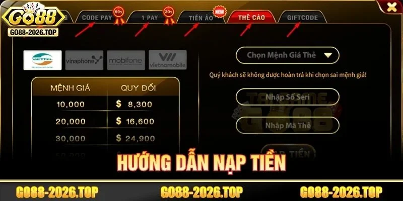 04 bước nạp tiền siêu tốc từ hướng dẫn của GO88.